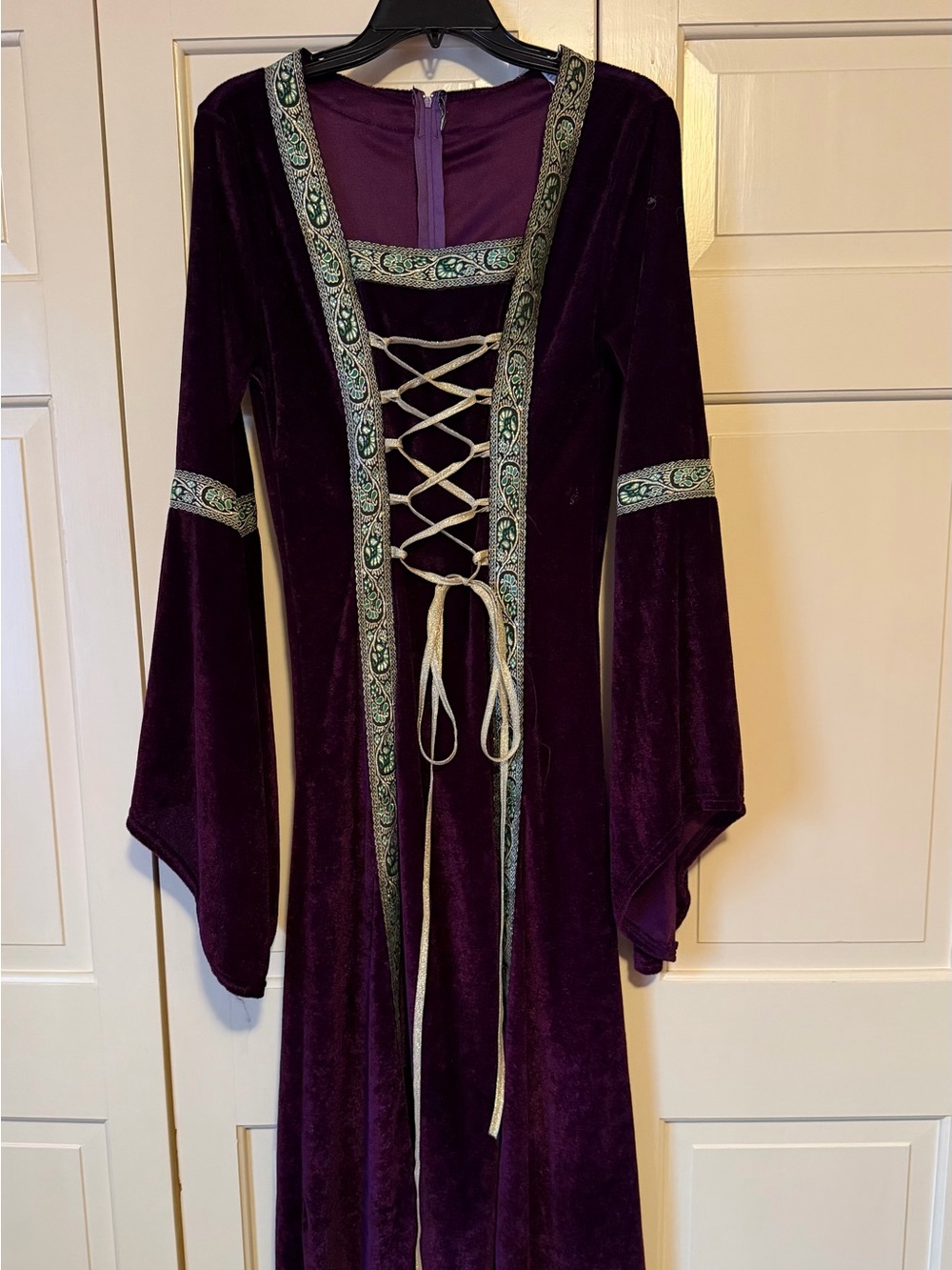 Velvet Lace-Up Maxi Dress in Deep Purple with Embroidered Trim
